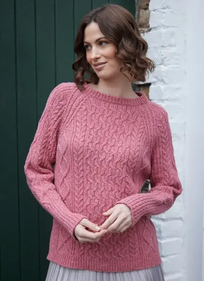 Niamh Cable Crew Neck Cashmere Wool Sweater in Candy Pink 